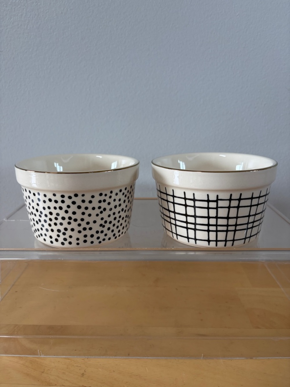 Thyme & Table Set of 2 Ceramic Ramekins with Black Dot and Grid Patterns